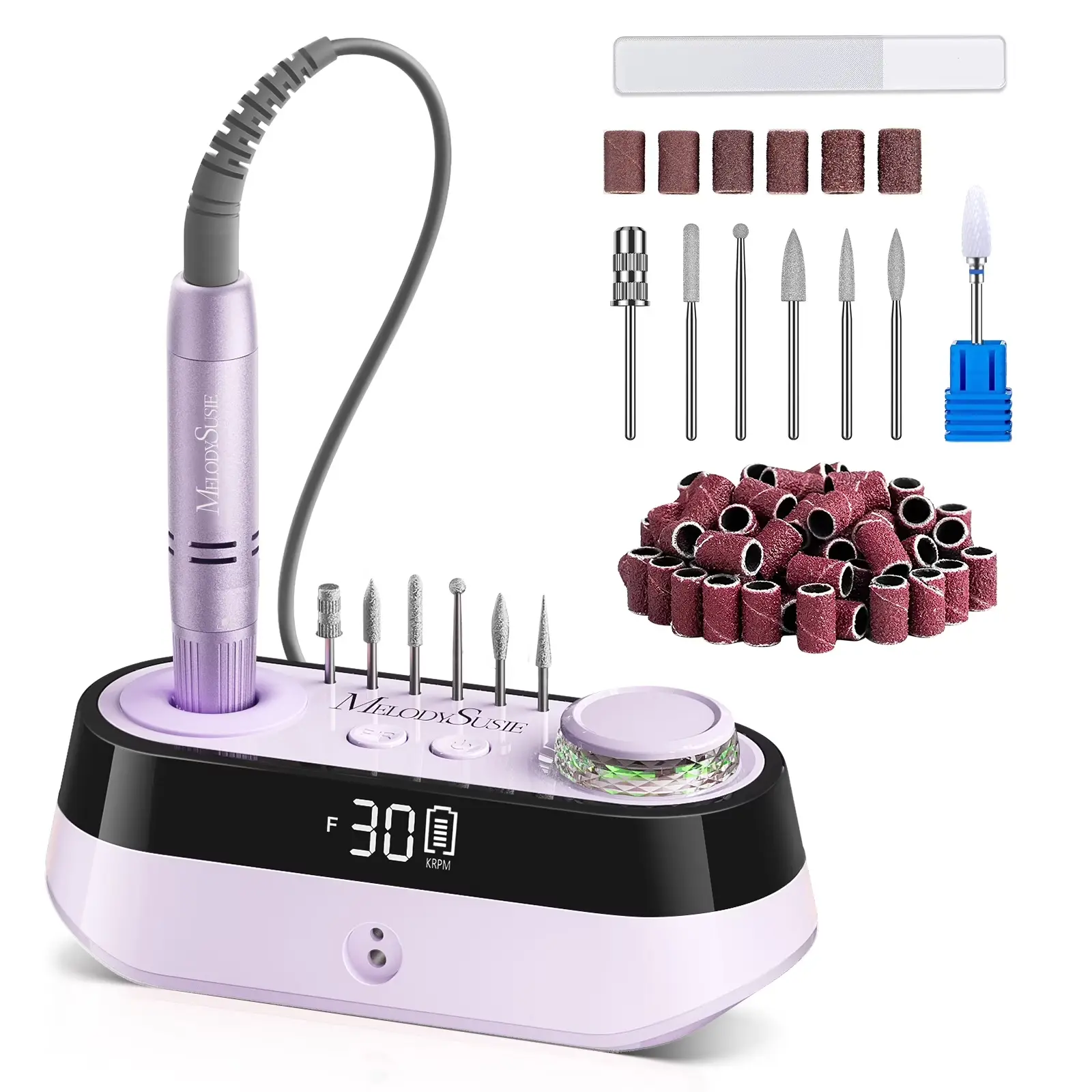 MelodySusie SC320A Premium Cordless Nail Drill Kit - 30000RPM Salon Equipment with LED Display, Batteries, Desktop Design, Ceramic Bits for Polish, Acrylic Manicure, Gel Care, Acrylic Removal, Nail Art Equipment, Acrylic Nail Removal