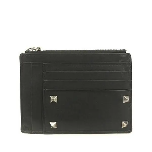 Pre-owned Other Other Valentino Garavani Rock Studs Leather Coin Purse Wallet Black 11466502100/457161