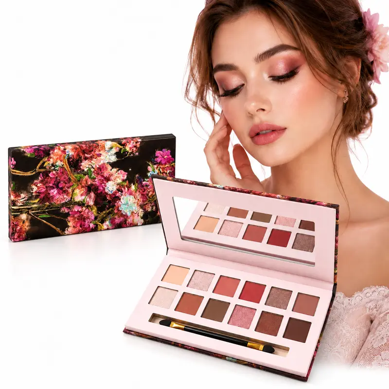 Natural Tones Floral Essentials Eyeshadow Palette, 12 Matte & Shimmer Assorted Shades Makeup, Buildable Blendable Formula, Long-Lasting Highlights & Casual Eyeshadow, with Mirror & Brush, Ideal Gift for Women