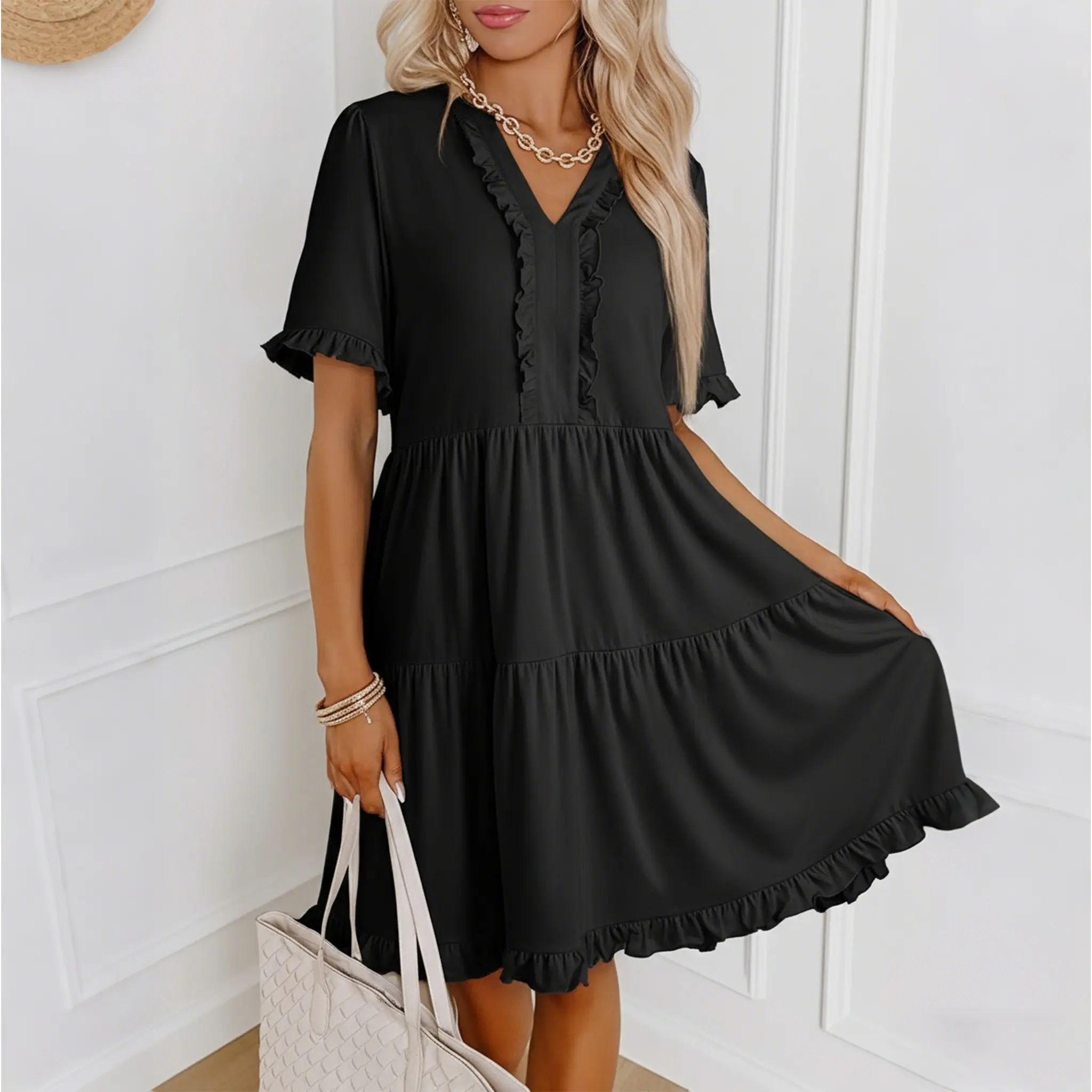 Women's V-Neck Short-Sleeve Casual A-Line Mini Dress with Ruffled Trim - TikTok Shop Women's V-Neck Short-Sleeve Casual A-Line Mini Dress with Ruffled Trim - TikTok Shop