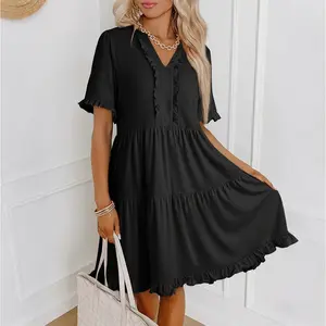 Women's V-Neck Short-Sleeve Casual A-Line Mini Dress with Ruffled Trim
