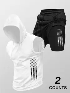 Men's Summer Hooded Sleeveless Vest + Fake Two-Piece Sports Basketball Shorts, Drawstring Design, Casual Street Style, Fitness Wear, Sports Activewear Set