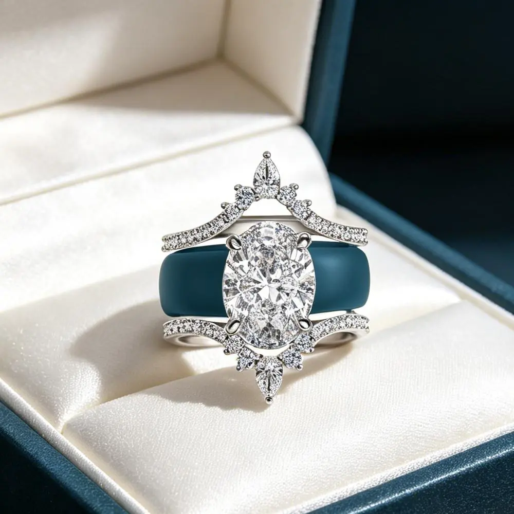 Teal/Blue Silicone Crown Wedding Ring Set 3pcs Oval Cut CZ Stackable Engagement Rings for Women Bridal Promise Jewelry Gift