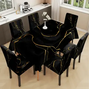 2/5/7PCS restaurant chair cover tablecloth, black gold-plated background printed table and chair protective cover, elastic polyester fiber sliding cover, dirt resistant, sewn closed, detachable cleaning, suitable for home, office, Dining Chair Cover