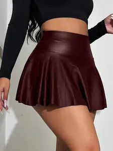Women Solid Color Everyday Pleated Shorts Burgundy Leather Skirt