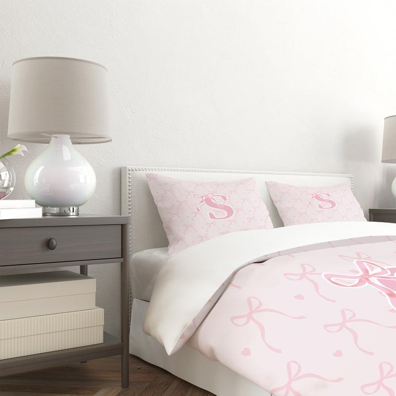 Letter Bow Pattern Soft Durable Bedding Set, Includes 1 Fitted Sheet & Pillowcases, Modern Style Bedroom Decor Gift for Teens Adults, Soft Bedding Sets