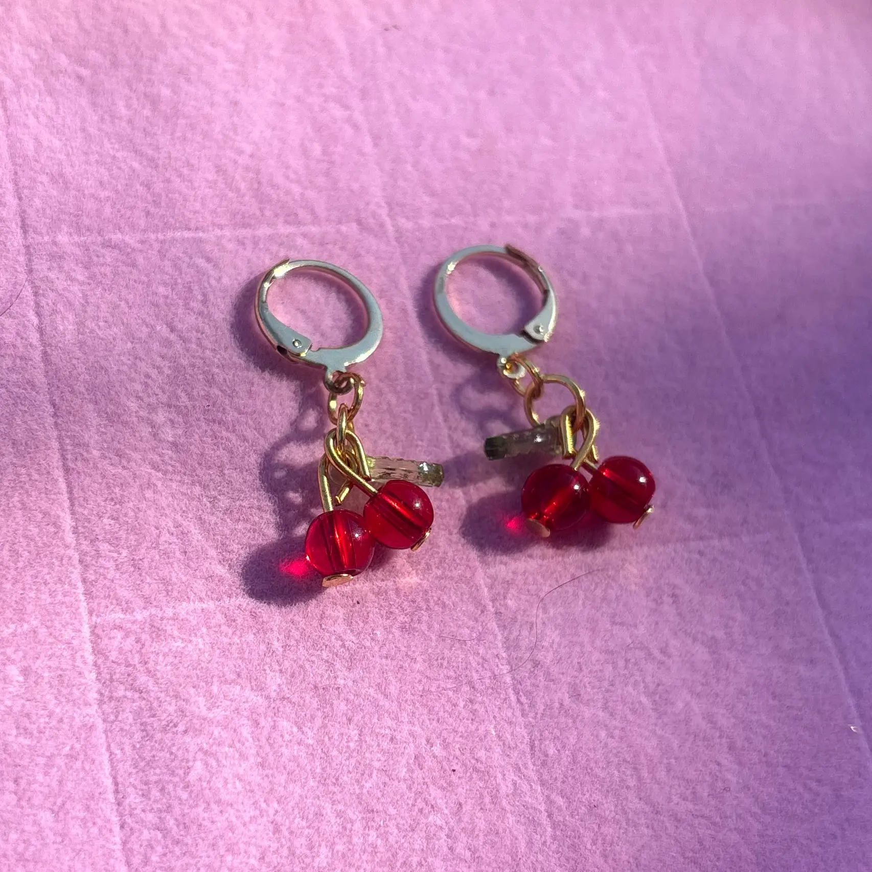 Cherry Charm Earrings with Red Beads and Gold Hoops for Women's Fashion