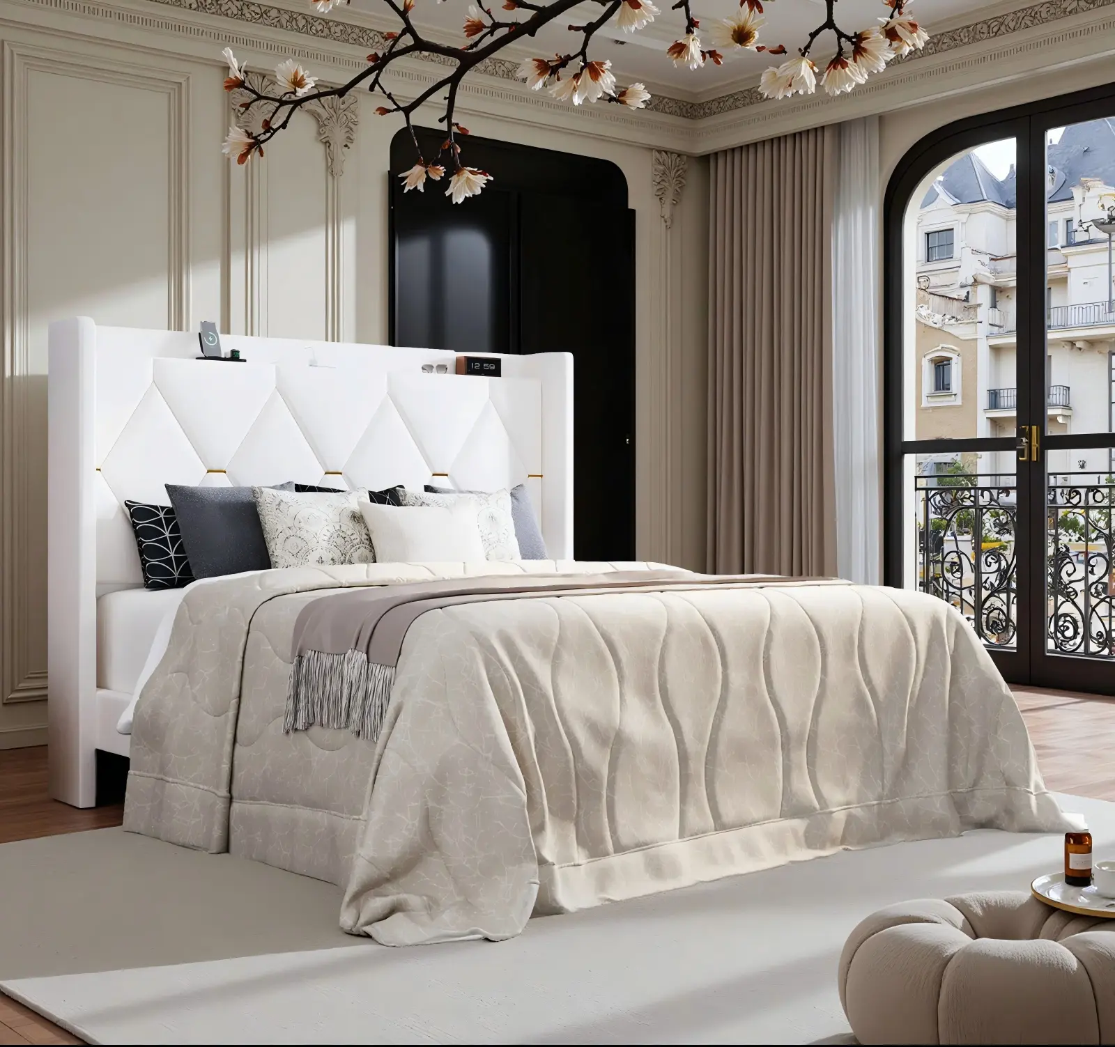 HOOMIC Modern Velvet Upholstered Platform Bed Frame【Frame Only No Mattress】with USB Charging Station and Storage Headboard-Full/Queen/King Size,Diamond Tufted Wingback Design with Gold Trim,No Box Spring Needed,Grey/White/Black