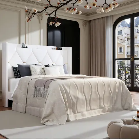 HOOMIC Modern Velvet Upholstered Platform Bed Frame【Frame Only No Mattress】with USB Charging Station and Storage Headboard-Full/Queen/King Size,Diamond Tufted Wingback Design with Gold Trim,No Box Spring Needed,Grey/White/Black