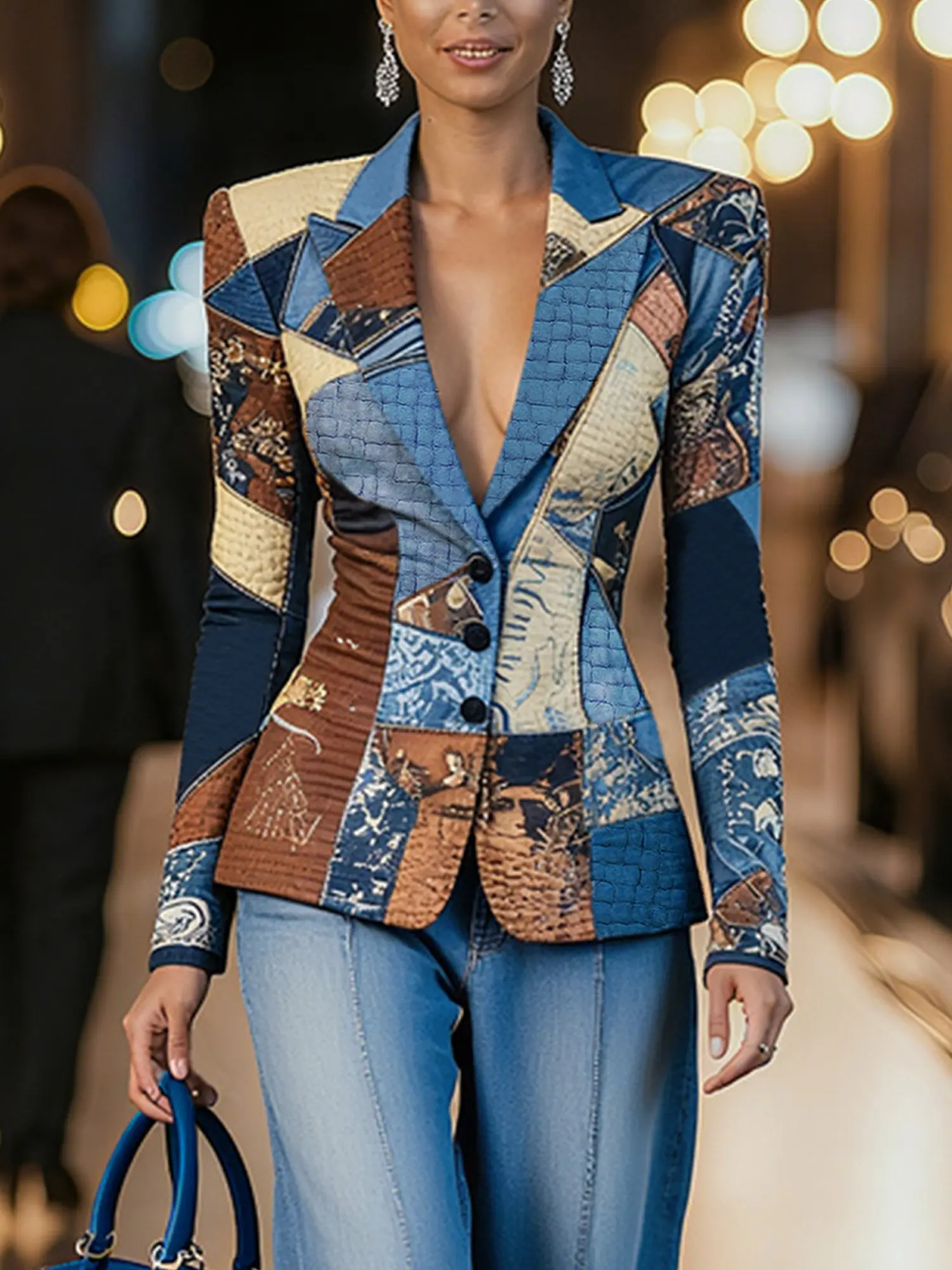 Women Casual Natural X-Line Printed Blazer Lapel Collar Daily Spring