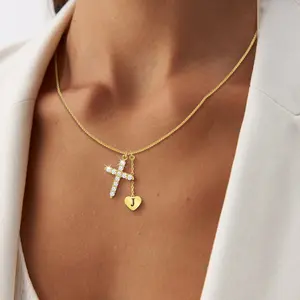 Initial Necklaces for Women 14k Gold - Diamond Cross Necklaces with Letter J Pendant, Alphabet Necklaces for Mom Girlfriend Wife Daughter Grandma, Personalized Jewelry Gifts for Birthday Anniversary Christmas
