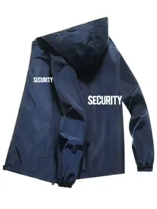 Men's Fashion Jacket with 'security' Print, Casual Hooded Design, Zip Pockets, Polyester Material, Spring & Fall Outerwear
