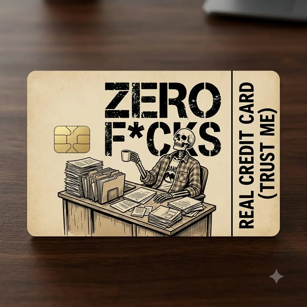 Zero F*cks Real Credit Card Skin – Skeleton Office Meme