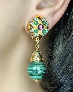 Gold, Amethyst and Malachite Clip Drop Earring