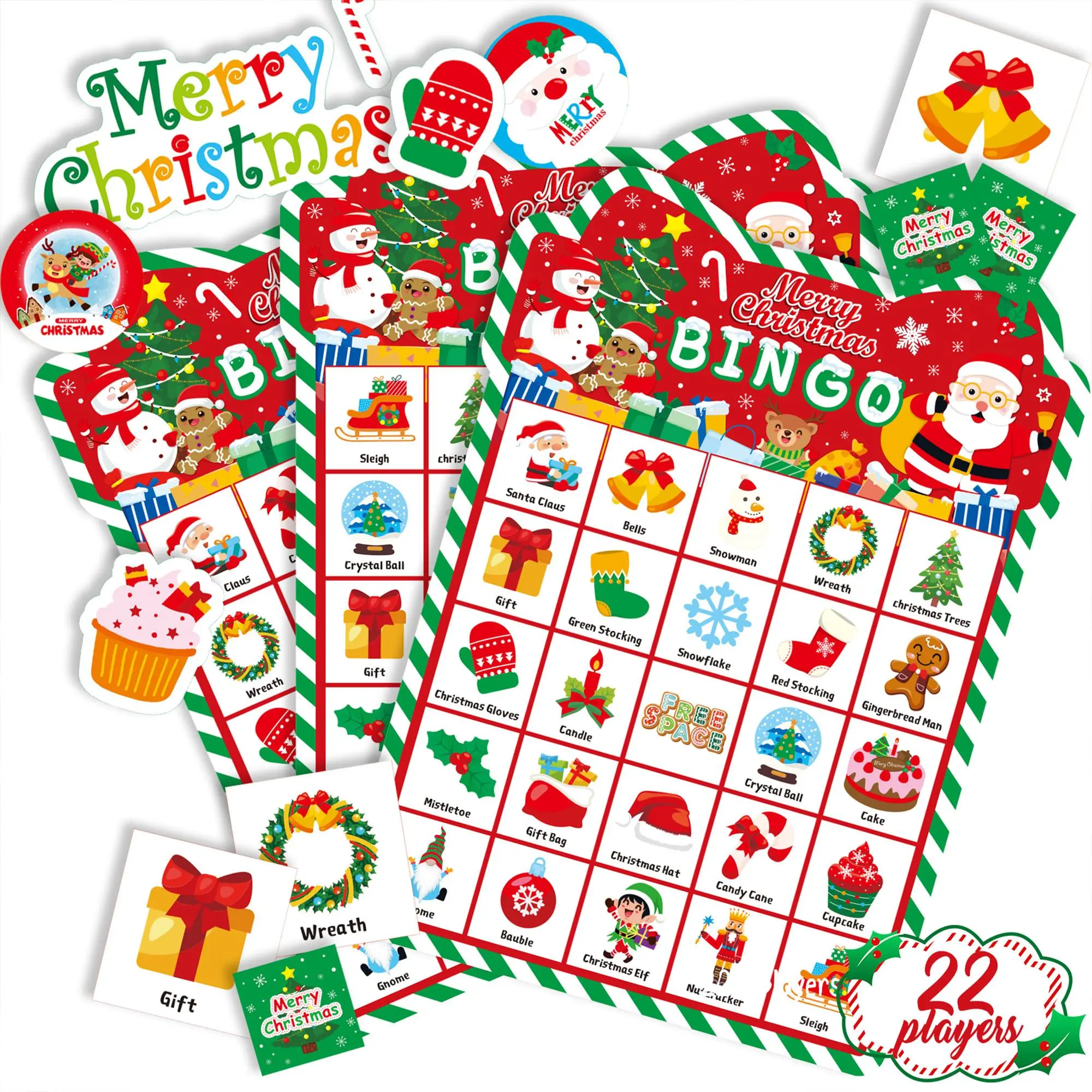 Christmas Party Bingo Game - Christmas Bingo for Adults, 24 Players Bingo Cards Christmas Games with Reward Stickers for Family Party Favors Xmas Gifts