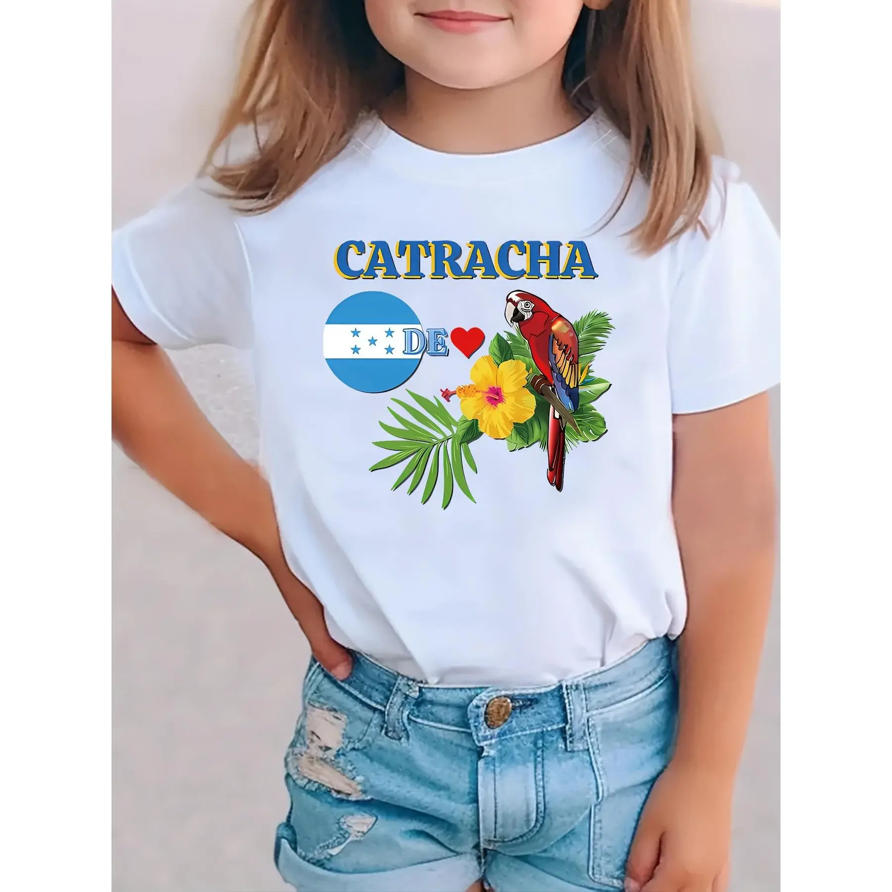 Girls' Cute Cotton Tee with Colorful Floral Graphic, Soft Short-Sleeve Summer Top with Medium Stretch & Expandable Shoulders for Ages 1-8, Crew Neck, 100% Cotton, Overhead Fit, 1-8 Ages, 3 - 4 Years, 4-5Y