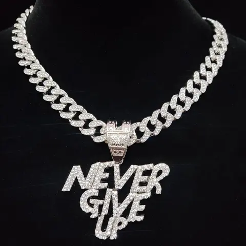Fashion Rhinestone Decor Letter Cuban Chain Bling Pendant Necklace for Men & Women for Summer, Hip Hop Cubic Zinc Alloy Chunky Chain Jewelry for Daily Wear Or Party, Anniversary Birthday Accessory Gift, Cuban Link Chains