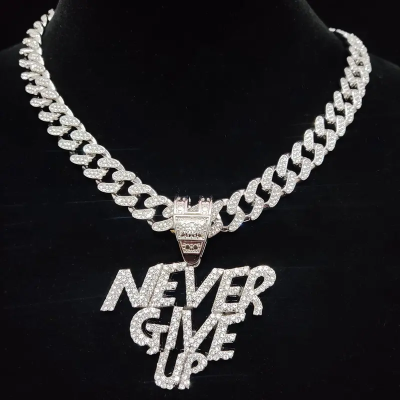Fashion Rhinestone Decor Letter Cuban Chain Bling Pendant Necklace for Men & Women for Summer, Hip Hop Cubic Zinc Alloy Chunky Chain Jewelry for Daily Wear Or Party, Anniversary Birthday Accessory Gift, Cuban Link Chains