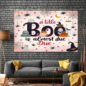 2D Flat, "A Little Boo" -Friendly Halloween Tapestry Wall Hanging - Cute Ghosts, Bats, Witches & Pumpkins with Pink Polka Dots & "Boo" Lettering - Easy Peel & Stick Installation Kit (No Tools), Party, Bedroom Decor - Soft, Tapestries, Halloween Pillow