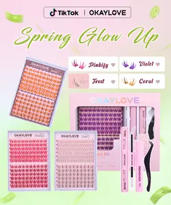 OKAYLOVE Colorful Lash Clusters Kit Frost|Violet|Pinkfy|Coral Lash Extension Kit with Long-lasting Lash Bond and Seal,Tweezers and Remover for DIY Eyelash at Home for  Party for Festival Girl Gifts