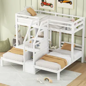Triple Bunk Bed with Storage Stairs, Twin over Twin & Twin Bunk Bed with Built-in Staircase and Storage Drawer, No Box Spring Needed