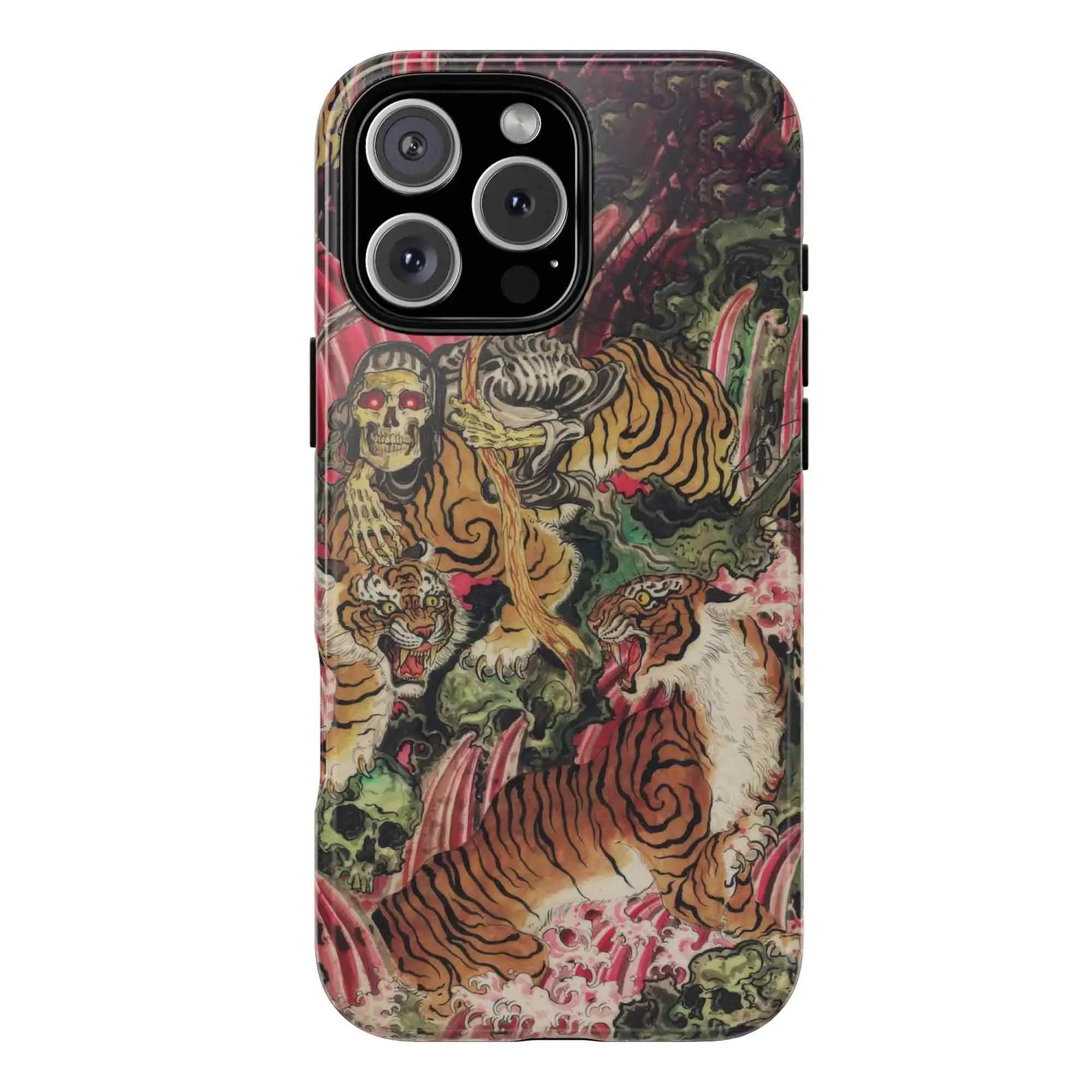Vintage Chinese Tigers Phone Case for iPhone 17 16 15 14 13 12 11 – Cute Tiger Collage, Japanese Traditional Art Print & Big Cat Aesthetic Durable & Protective Cover Best Gift for Animal Lovers & Tiger Fans!