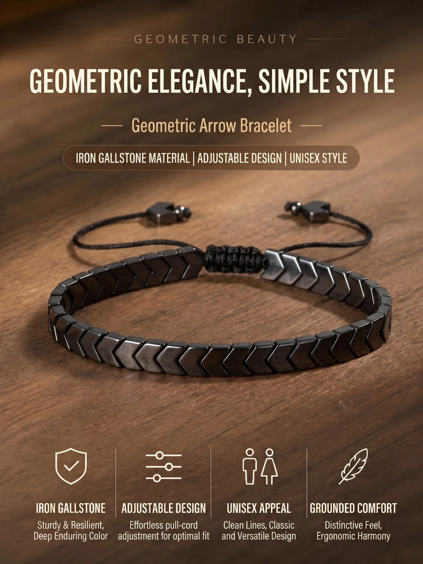 1pc Hematite Geometric Arrow Bracelet — Men's Niche-Style, Premium Feel, Adjustable, Light Luxury & Fashionable — Couple's Bracelet & Versatile Accessory — New Arrival 2026