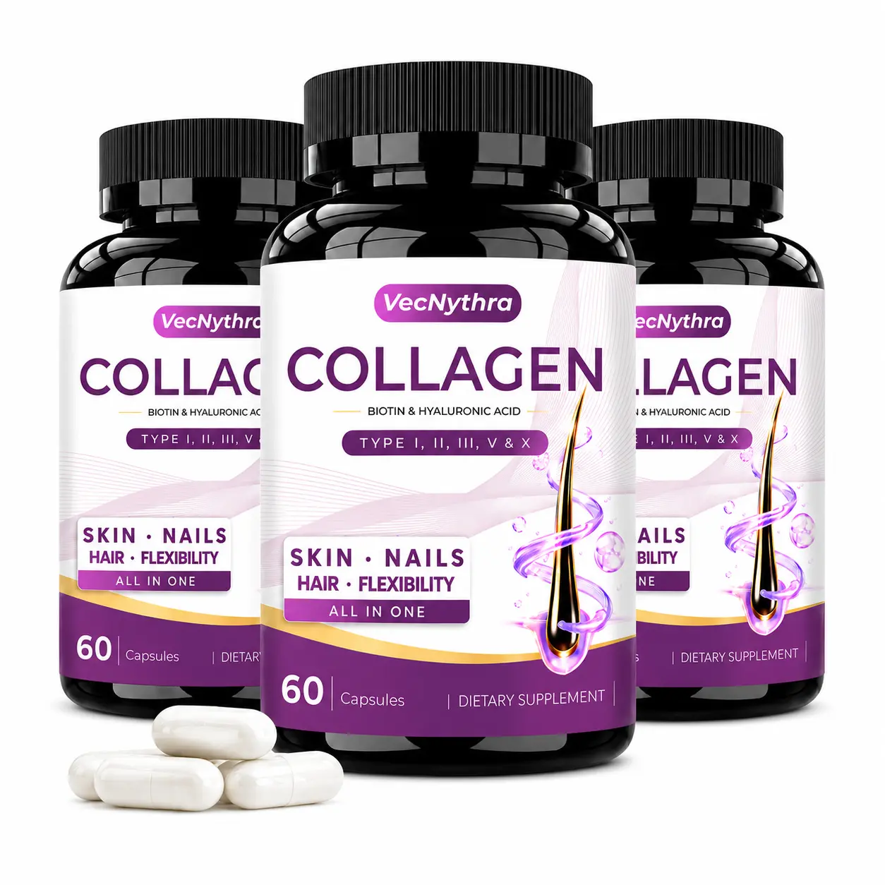 VecNythra 5-Type Multi Collagen Capsules with Biotin, Hyaluronic Acid & Vitamin C, Types I, II, III, V & X Healthcare Edible