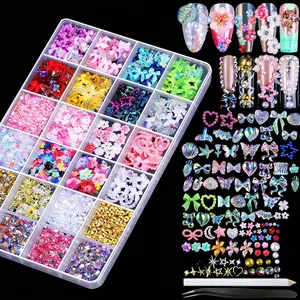 Fashion 24-piece nail pendant set, flat-back AB-shaped nails, gold nail beads, Y2K style 3D flower pattern, suitable for beauty-loving women, DIY handmade decoration set.