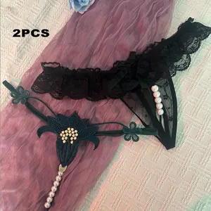 2pcs Women’s sexy low-rise T-back thong with pearl chain butterfly design and lace trim – semi-sheer low-rise style, soft stretchy fabric, delicate pearl details