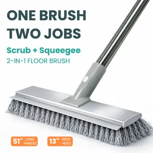 Floor Scrub Brush with 51-Inch Long Adjustable Handle 2 in 1 Scrape Brush Stiff Bristle 13" Extra Wide Head for Cleaning Shower Bathroom Garage Kitchen Wall Deck Tub Tile