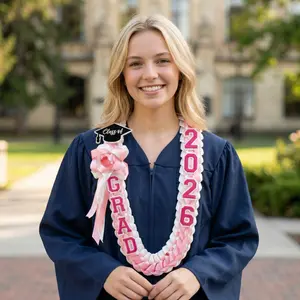 Handmade Class of 2026 Graduation Lei - Pink & White Braided Ribbon Necklace with 2026 GRAD Letters & Mortarboard Charm, Adjustable Graduation Gifts for Him Her, Seniors Ceremony Party Supplies