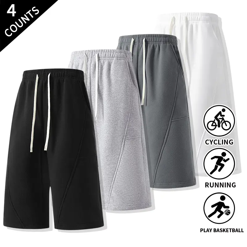 4-Pack Men’s 7-Inch Knee-Length Drawstring Shorts, Elastic Waist, Relaxed Fit, Stitched Casual Athletic Shorts, Versatile Everyday Workout Lounge Shorts with Side Pockets