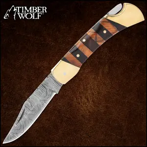 "Timber Wolf Copperhead Pocket Knife   3 1/4"" Damascus Steel Blade   4"" Closed Length   Banded Wood Handle   Premium Leather Sheath"