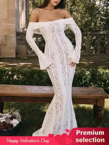 Women's Off The Shoulder Tie Front Lace Bodycon Dress, Elegant Long Sleeve Flounce Sleeve Zipper Back Maxi Dress for Party Holiday Wedding Guest, Ladies Spring & Fall Clothes,  Bridal Attire Valentine's Day, gift