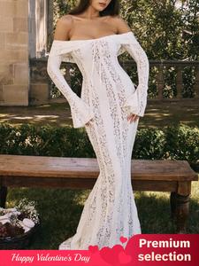 women's off the shoulder tie front lace bodycon dress, elegant flounce sleeve zipper back maxi dress for party holiday wedding guest, ladies spring & fall clothes,  bridal attire valentine's day, gift