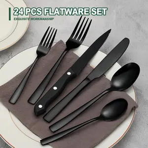 24 pcs Black Silverware Stainless Steel Cutlery Set with Steak Knives, Suitable for 1/4 People,Food Grade Tableware Cutlery Set Rust-proof, Mirror Polished, Dishwasher Safe