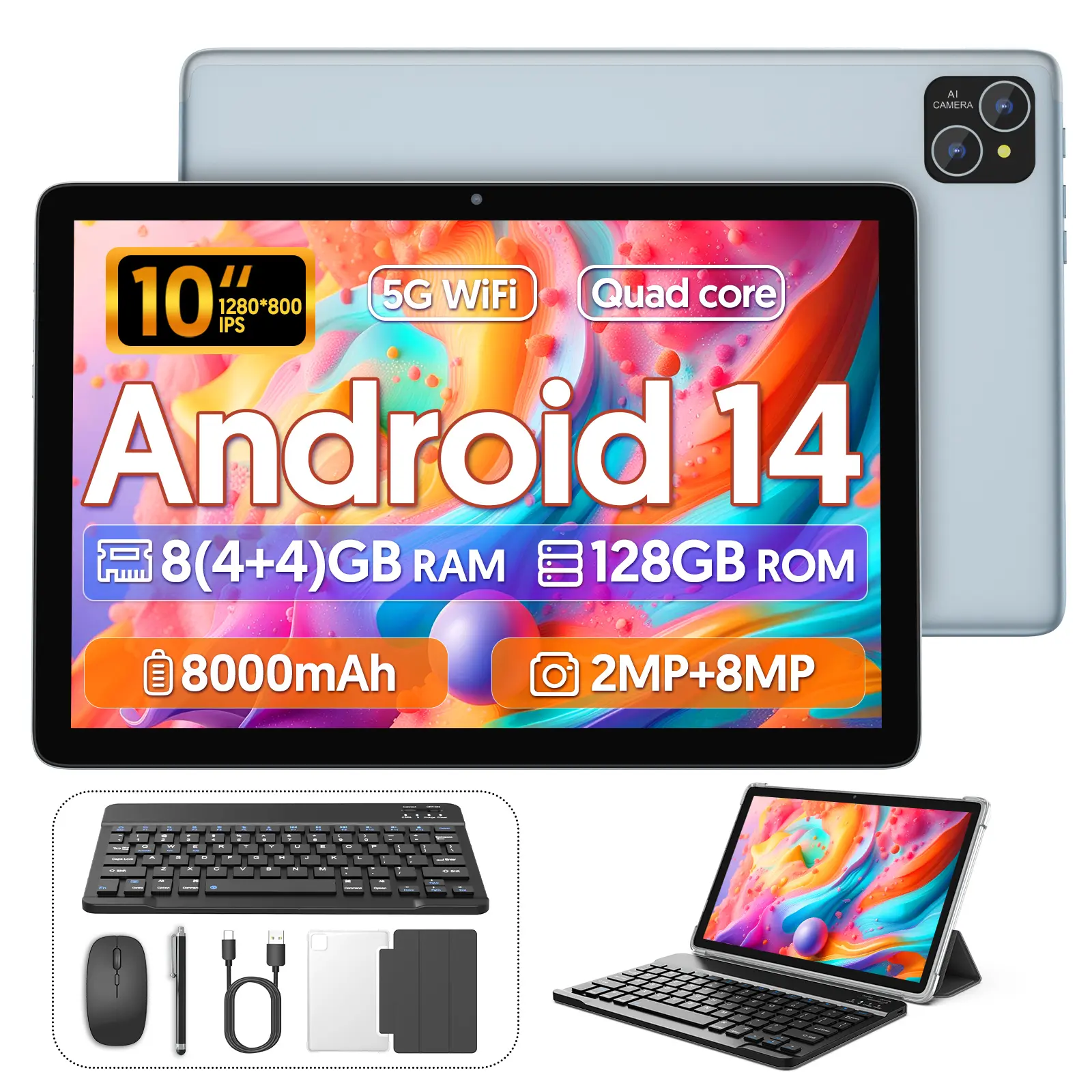 2026 10-Inch Android 14 Tablet with Quad-Core, 16GB （4+4）RAM + 128GB ROM, Wi-Fi, 1280×800 IPS Display, 8000mAh Battery, Fashionable Colors, Dual Camera for Education & Entertainment, Ideal for Gifting