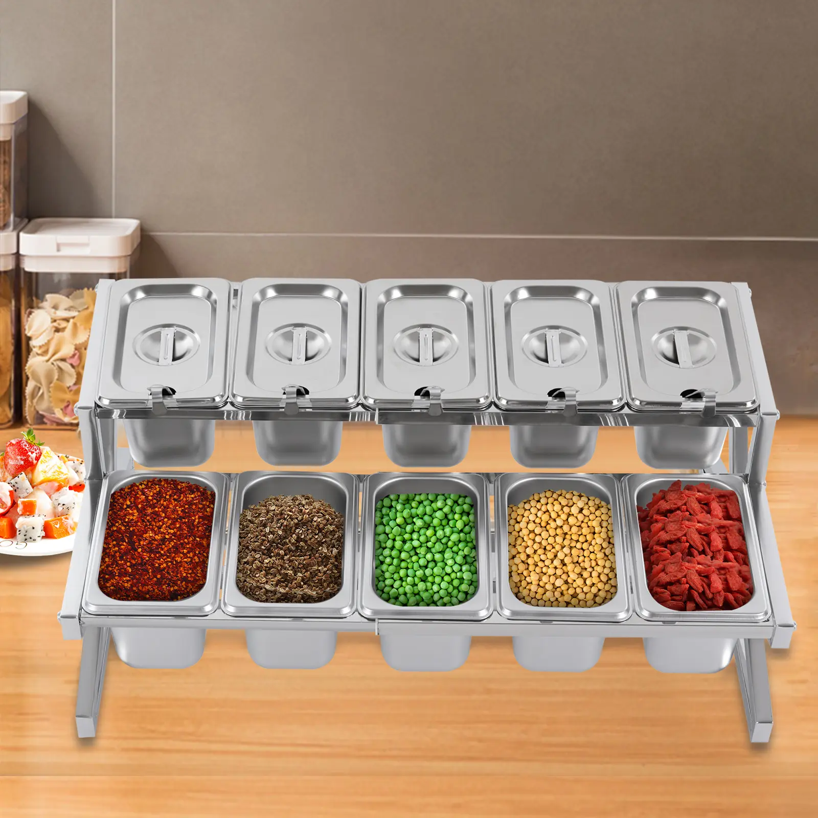 Stainless Steel Expandable 2-Tier Countertop Shelf Kitchen Organizer Set - Solid Metal, Dishwasher Safe, Simple Setup with Diagram, Set Includes Utensils, 10 Dishwasher Pans, Lids, Ladles, 1.5L Containers for Home Cooking Storage, Adjustable Length
