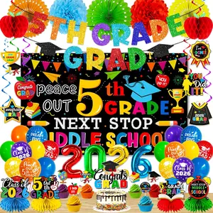 5th Grade Graduation Decorations, includes 5Th Grade Banner, Next Stop Middle School Backdrop Fifth Grade Graduation Honeycomb Centerppiece Hanging Swirls,