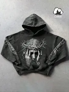 Y2K Aesthetic Style Jesus Crown Graphic Cotton Hoodie, Fall & Winter Fitted Long Sleeve Sweatshirt, Streetwear Faith Culture, Men's Casual Gift