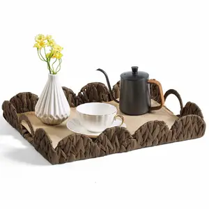 Rectangle Serving Tray with Handles Brown Food Fruit Coffee Table Ottoman Tray