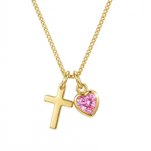 PeregrinaX Heart Birthstone Cross Necklace for Women - 14K Gold Plated Birthstone Necklace Dainty Heart Cross Charms Christian Religious Jewelry Gifts for Teens Birthday Gifts for Women
