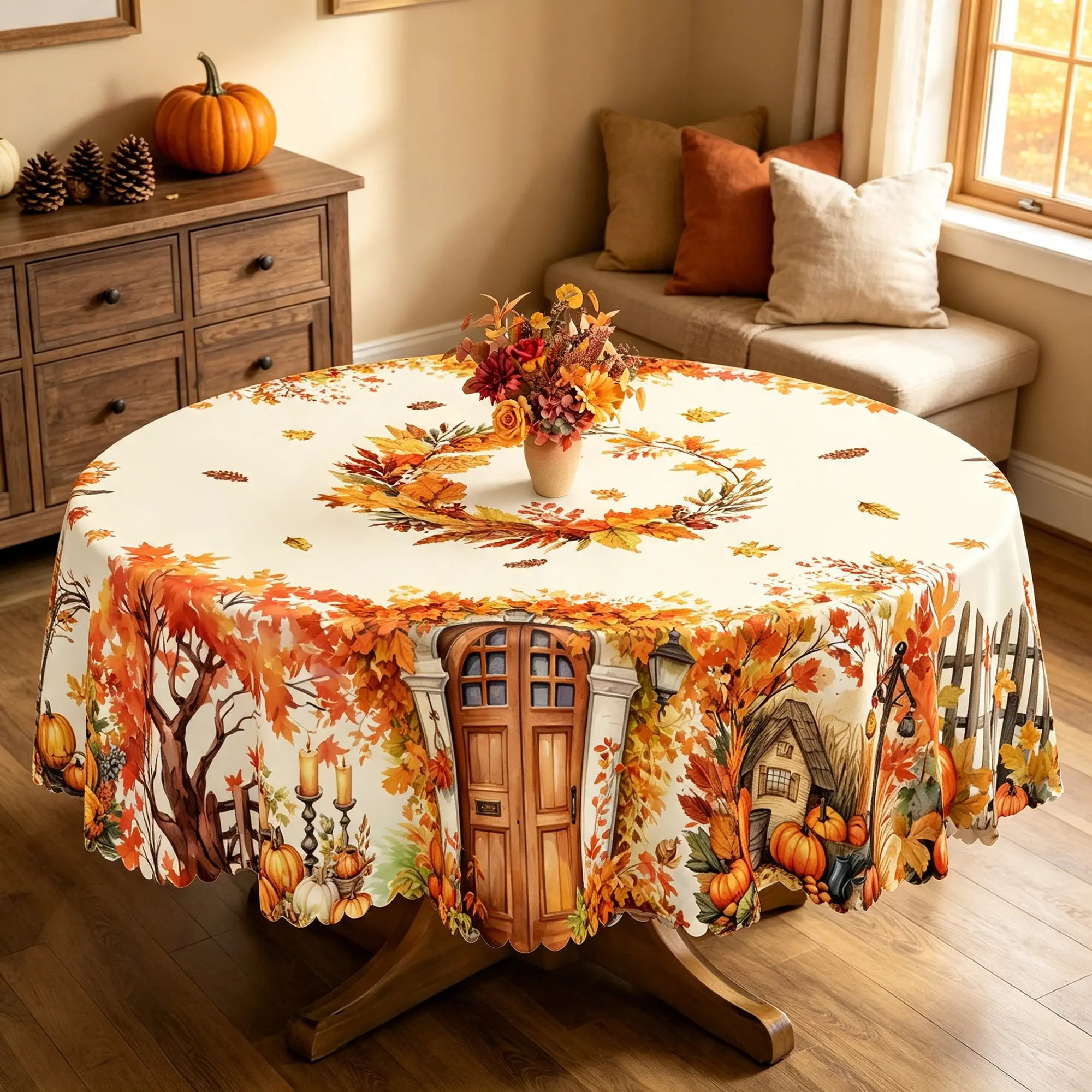 BOOPBEEP Autumn Thanksgiving Tablecloth, Pumpkin, Squirrel, Maple Leaves Design, Fall Decoration, Fall Home Decor For House, Ideal Indoor/Outdoor Fall Gift, Retro Rural Farmhouse Style, Camping Picnicking, Kitchen Decor, Rectangular&Round Table cover