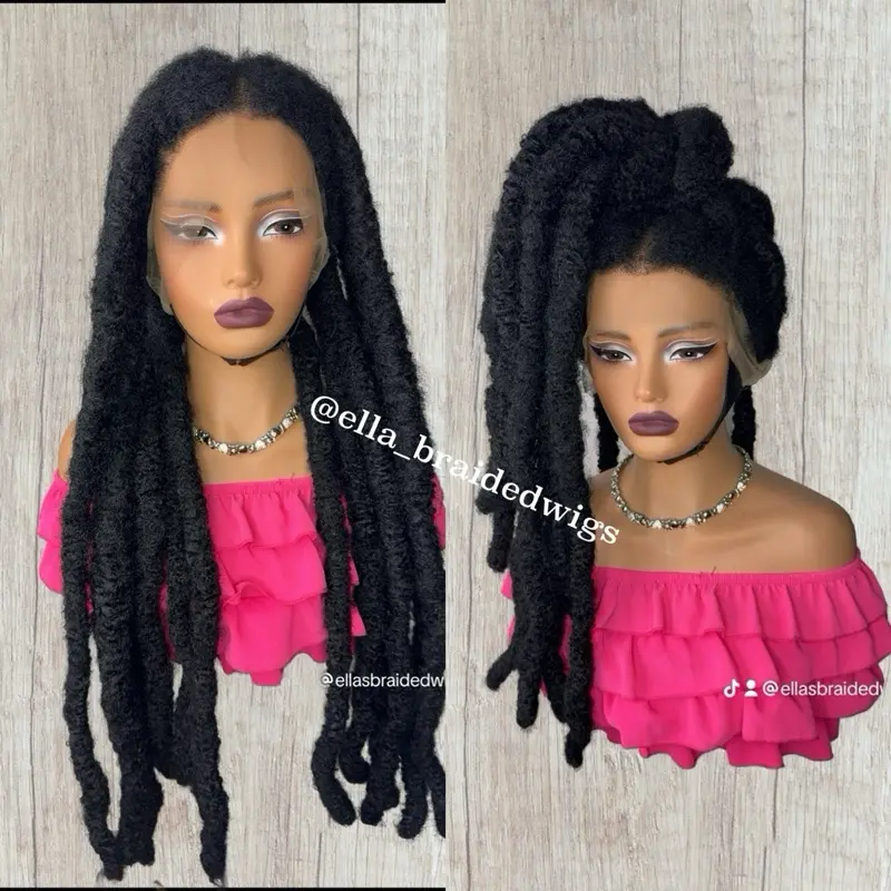 Ella Braided Synthetic Fiber Full Lace Wig, 26in Natural Wick Locs Color #1, Black Kinky Style with Realistic Feel & Natural Hairline for Stylish Looks