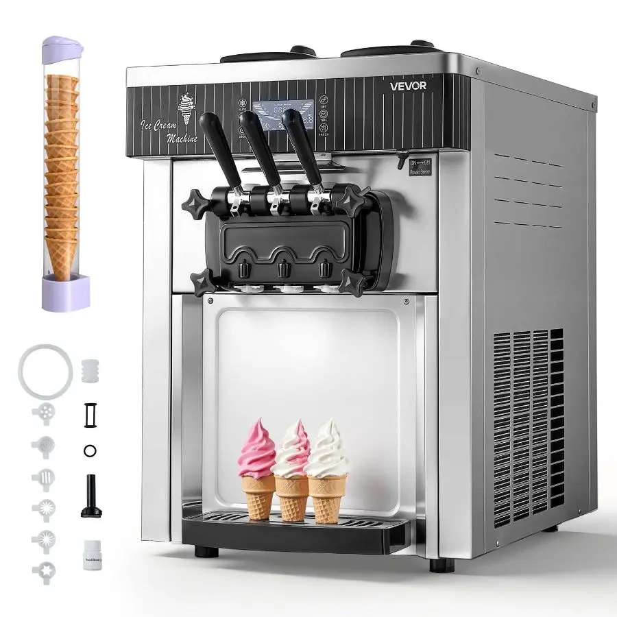 【DealsForYouDays】VEVOR Commercial Countertop Soft Serve Ice Cream Machine, 20-28L/H Yield, 2200W 3-Flavor Model with 6L*2 Hoppers, Hopper Agitation, Pre-Cooling & Self-Cleaning, 183 lbs, 21.06x32.7x29.3 in for Snack Dessert Shops, Stainless Steel, Cooling