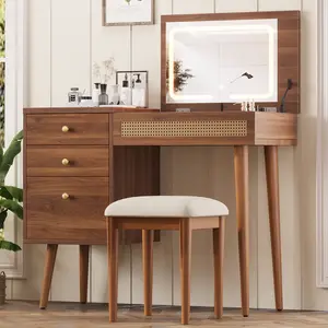 39" Retro Bohemian Style Vanity, Vantiy Desk with Mirror and LED Lights, Dressing Table with Flip-Top Tabletop, Vanity Desk with Storage 3 Drawers, 10 Compartments, Makeup Vanity Set for Home, Walnut