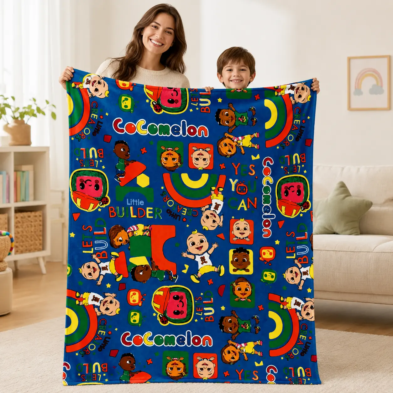 Cocomelon Building Theme Blanket, Cute Cartoon Kids Character & Blocks Print, Soft Cozy Flannel Throw For Home School Bed, Thin Lightweight Blanket For Toddler Room Playroom Learning Space, Colorful Kids Bedding Blanket For Nap Time Travel And Cartoon