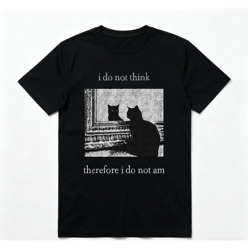 Men's "I Do Not Think Cat" Graphic T-Shirt, Soft 100% Cotton Shortsleeve Top, Pre-Washed Goth Streetwear with a Seamless Crew Neck
