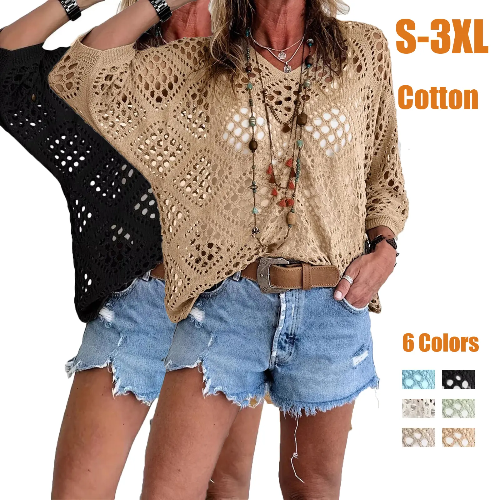 100% Cotton Boho Crochet Knit Top, Relaxed Fit V-Neck Summer Sweater, Sexy Hollow Out Beach Cover Up, Plus Size Loose Pullover S-3XL